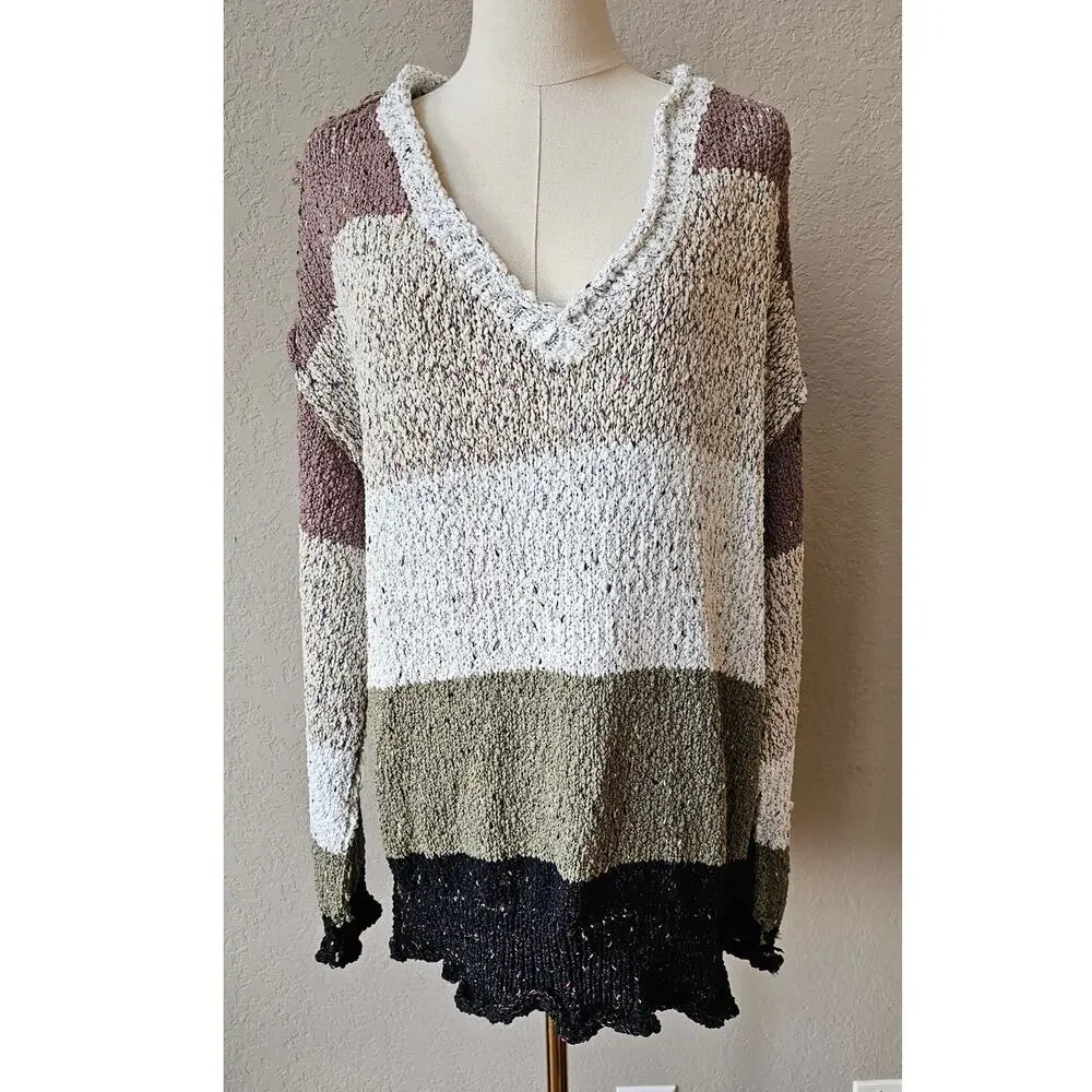POL Colorblock Long Sleeve V-Neck Oversized Sweater Multicolor Womens Size Large